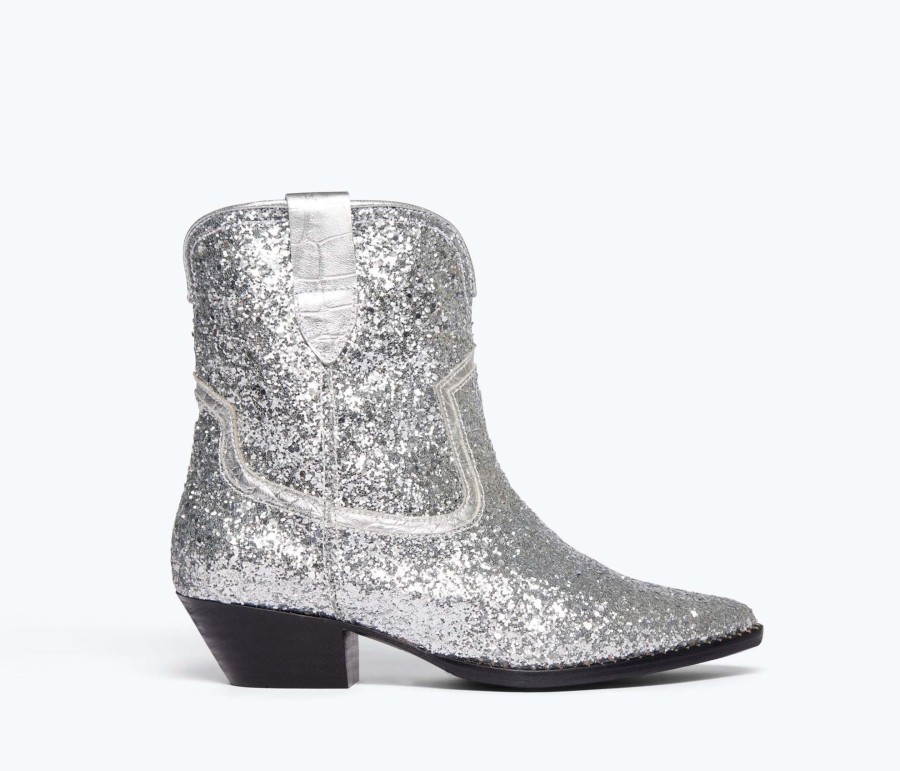 Footwear FREDA SALVADOR | Mazzy Western Ankle Boot Silver Glitter Combo