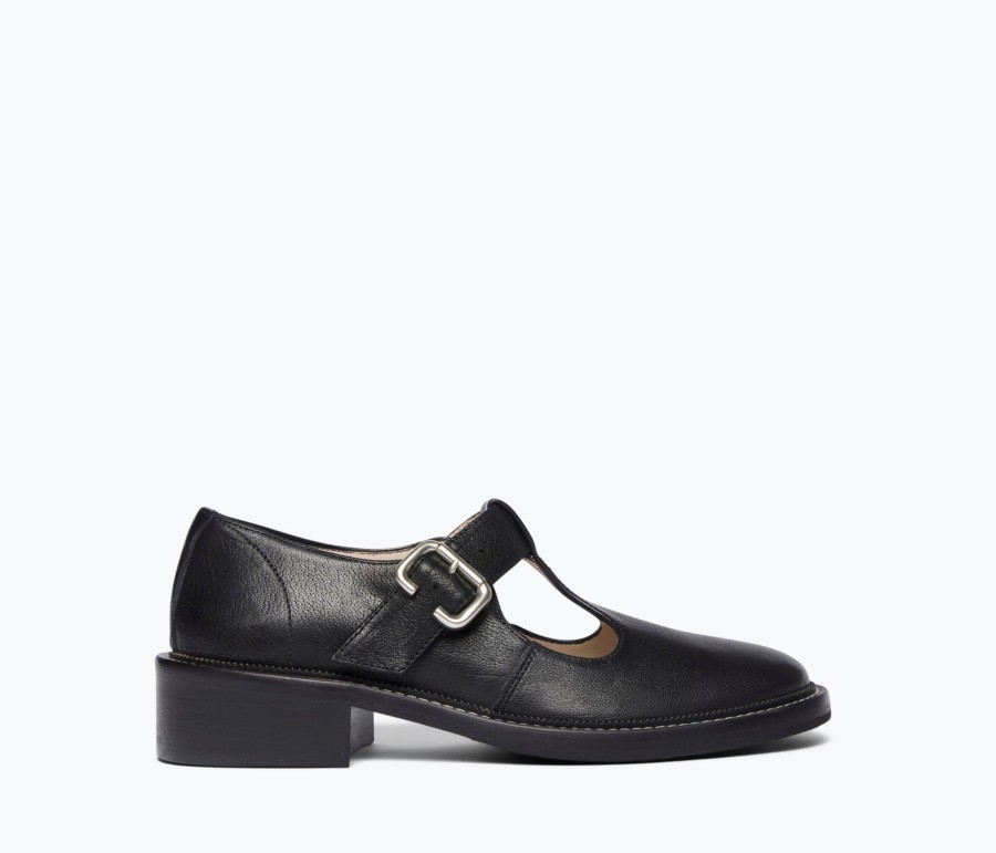 Footwear FREDA SALVADOR | Helen T-Strap Loafer Black Pebbled Calf