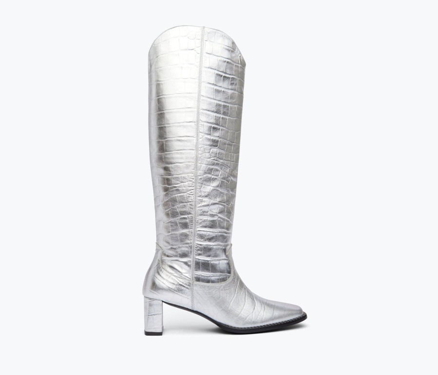 Footwear FREDA SALVADOR | Angie Tall Western Boot Silver Embossed Croc