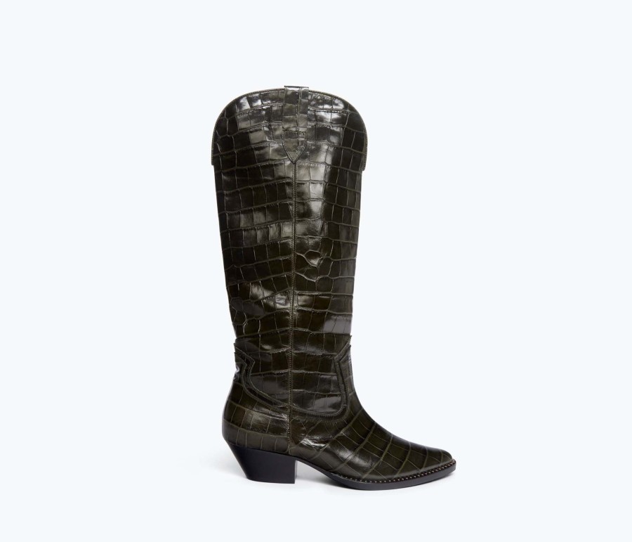 Footwear FREDA SALVADOR | Hope Knee High Western Boot Seaweed Embossed Croc