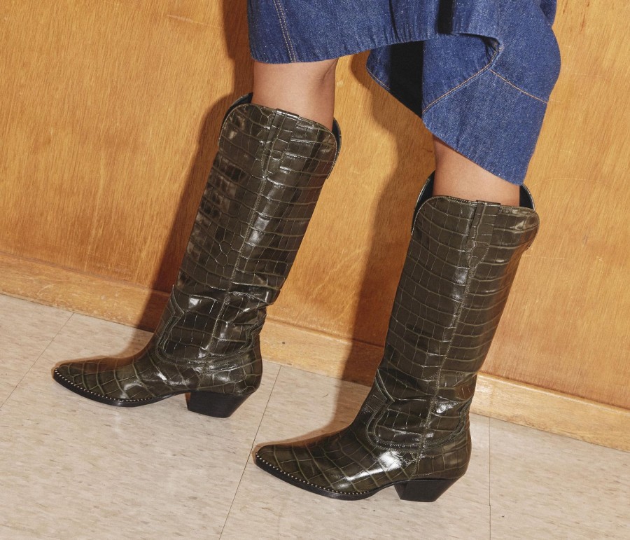 Footwear FREDA SALVADOR | Hope Knee High Western Boot Seaweed Embossed Croc