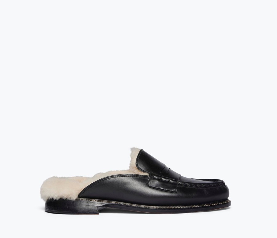 Footwear FREDA SALVADOR | Temi Shearling Penny Loafer Mule Black Calf With Shearling