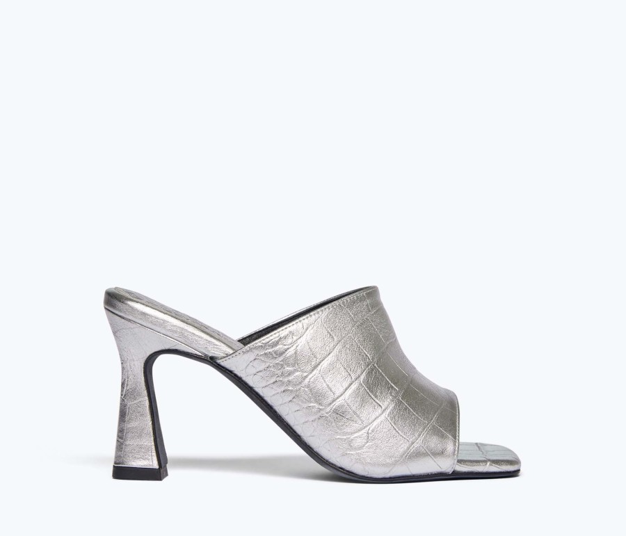 Footwear FREDA SALVADOR | Mila Heel Sandal Silver Embossed Croc