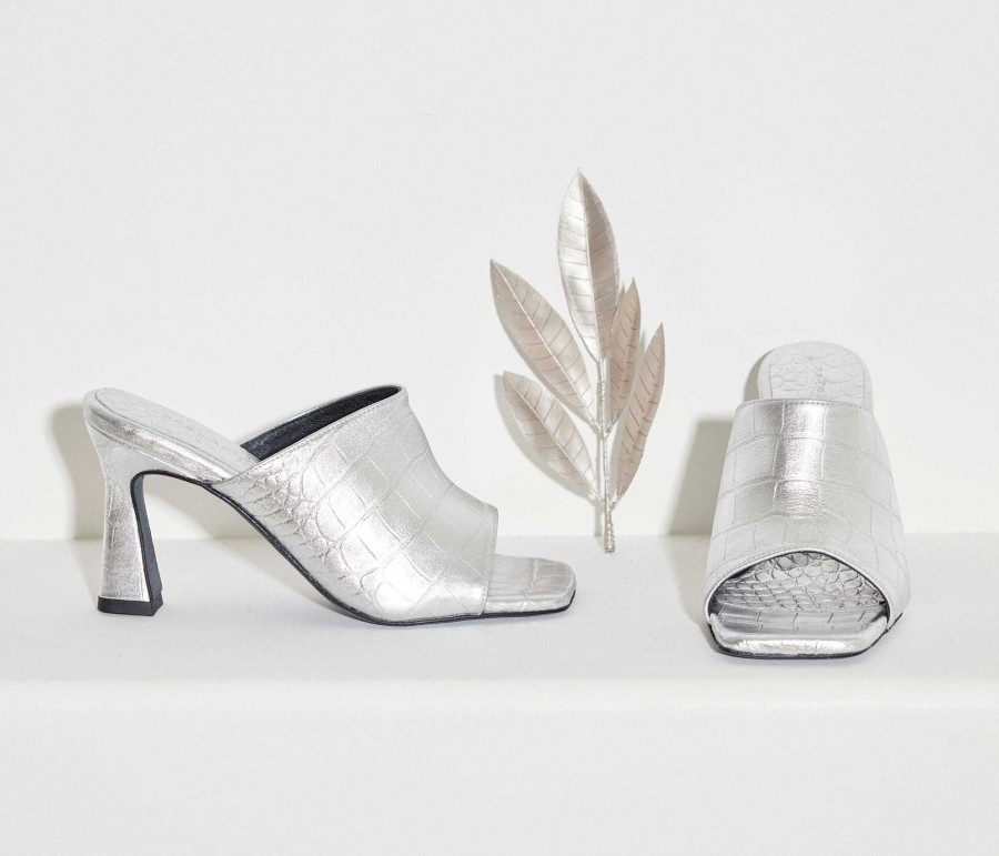 Footwear FREDA SALVADOR | Mila Heel Sandal Silver Embossed Croc