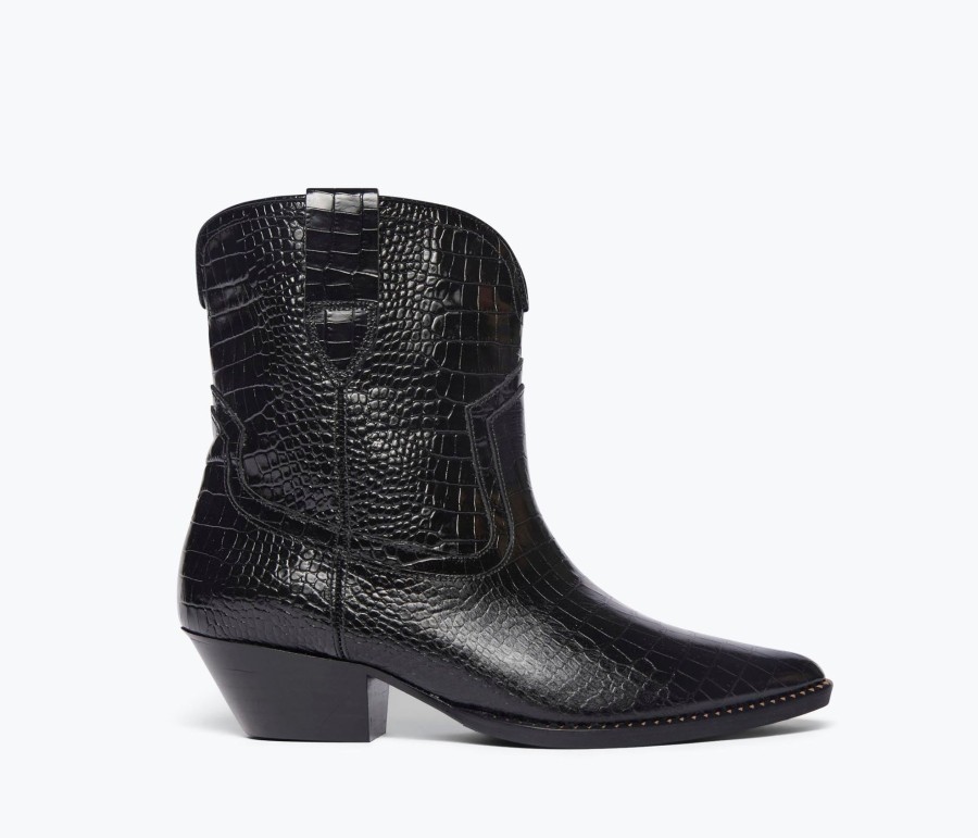 Footwear FREDA SALVADOR | Mazzy Western Ankle Boot Black Embossed Croc