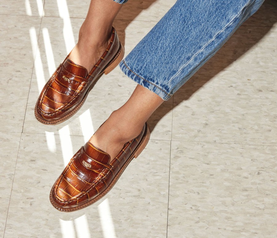 Footwear FREDA SALVADOR | Elba Penny Loafer Hickory Embossed Croc With Hardware