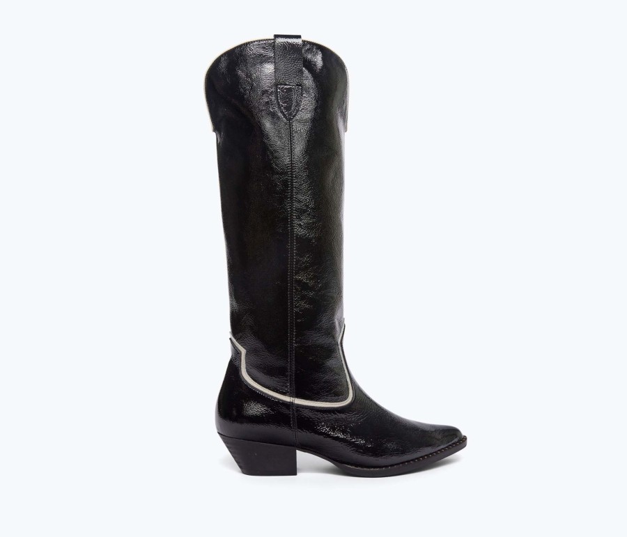 Footwear FREDA SALVADOR | Hope Knee High Western Boot Black Crinkle Patent Combo