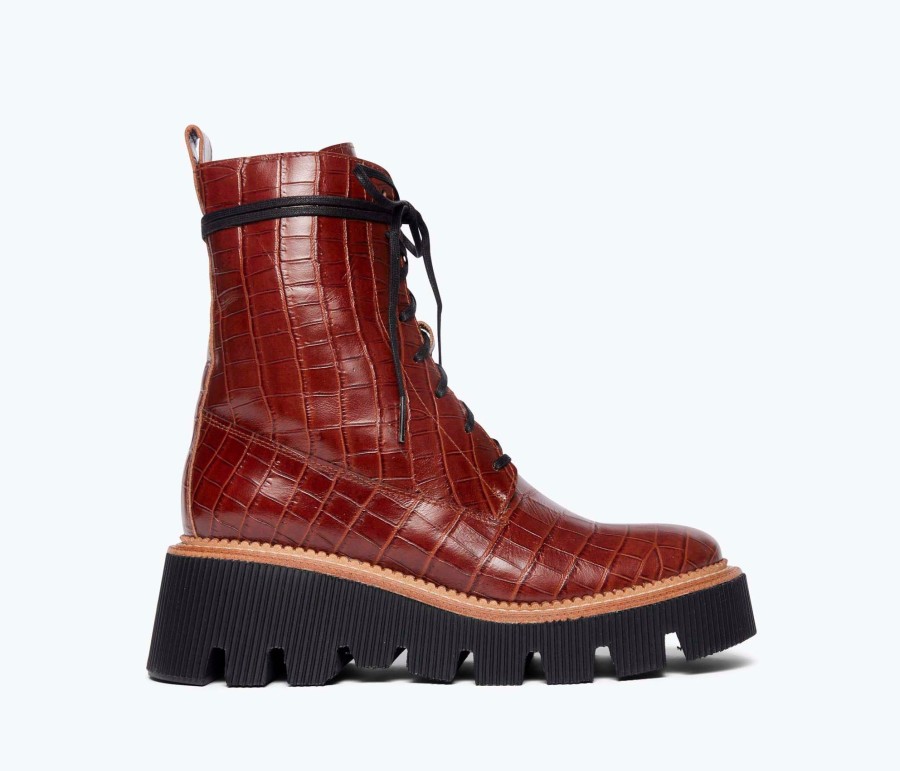 Footwear FREDA SALVADOR | Billie Platform Combat Boot Brick Red Embossed Croc