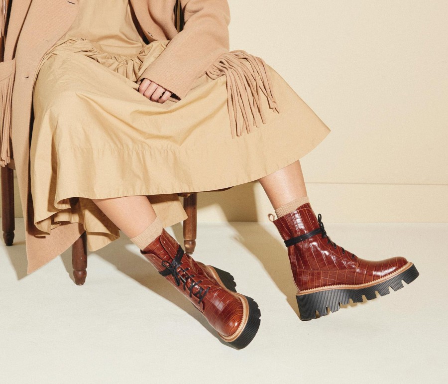 Footwear FREDA SALVADOR | Billie Platform Combat Boot Brick Red Embossed Croc