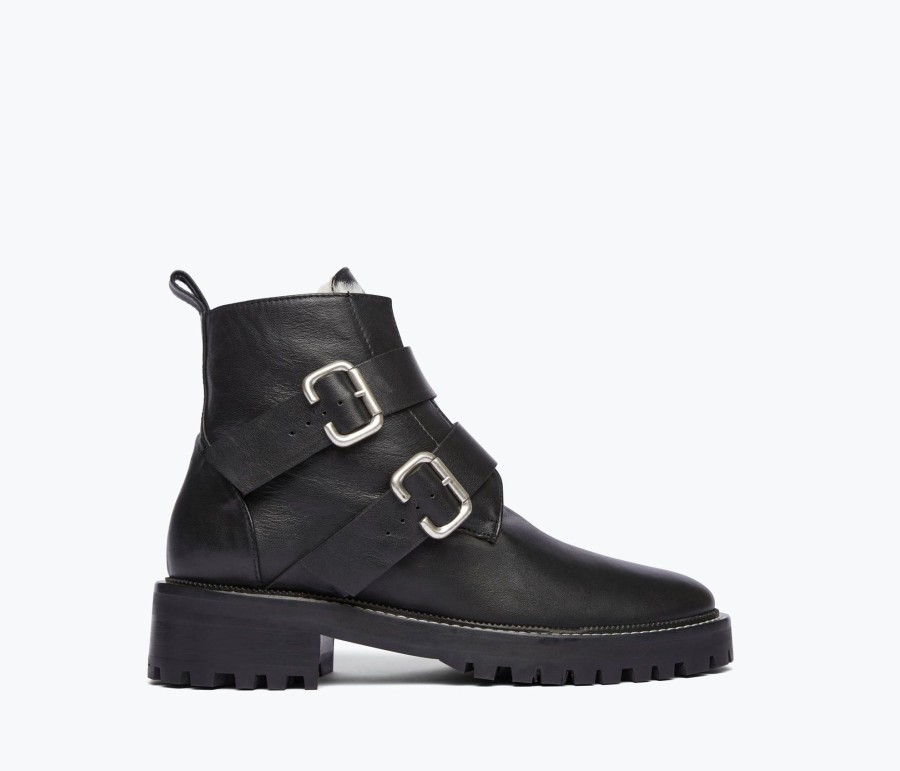 Footwear FREDA SALVADOR | Athena Shearling Moto Boot Black Calf With Shearling